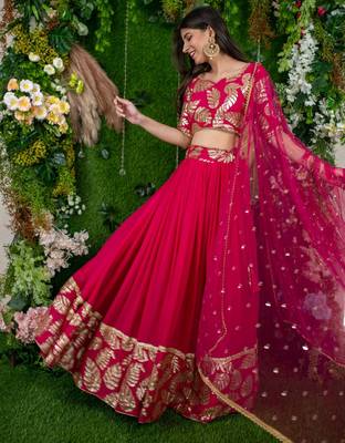 rani pink georgette embroidered lehenga choli with dupatta 2