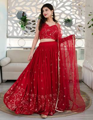 red georgette embroidered lehenga choli with dupatta 5