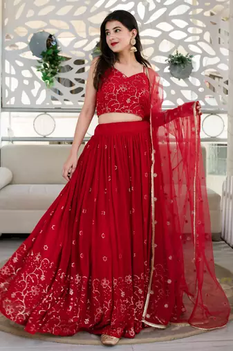 red georgette embroidered lehenga choli with dupatta