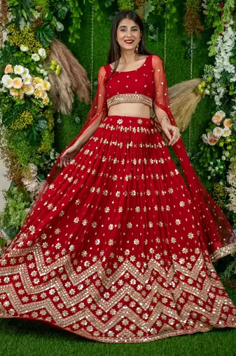 red georgette embroidered lehenga choli with dupatta