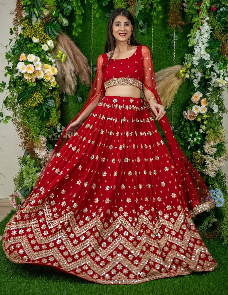 red georgette embroidered lehenga choli with dupatta