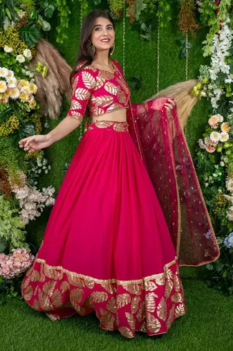 rani pink georgette embroidered lehenga choli with dupatta
