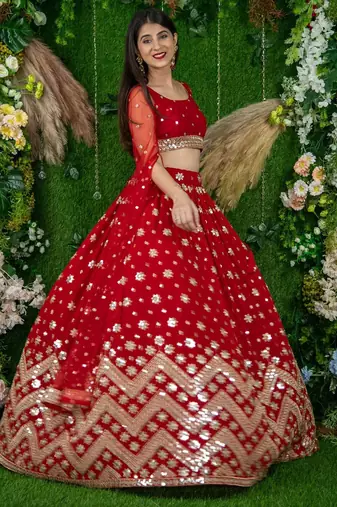 red georgette embroidered lehenga choli with dupatta