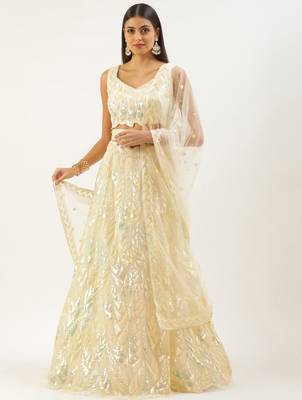 light yellow net embroidered lehenga choli with dupatta 1