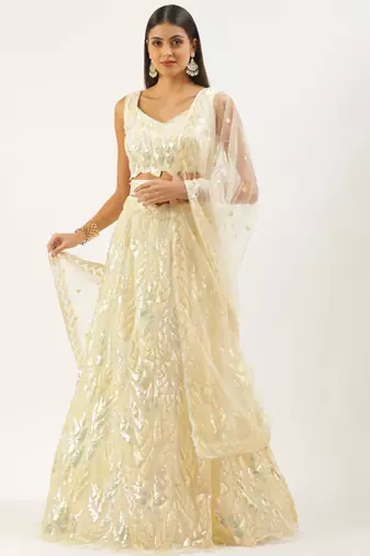 light yellow net embroidered lehenga choli with dupatta