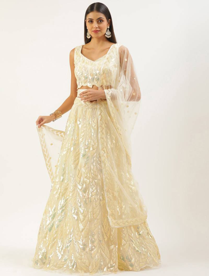 light yellow net embroidered lehenga choli with dupatta
