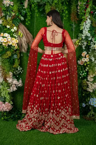 red georgette embroidered lehenga choli with dupatta