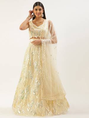 light yellow net embroidered lehenga choli with dupatta 2