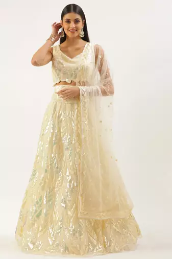 light yellow net embroidered lehenga choli with dupatta