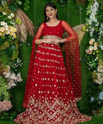 red georgette embroidered lehenga choli with dupatta 4