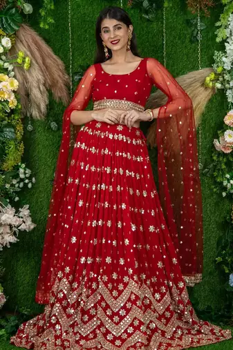 red georgette embroidered lehenga choli with dupatta