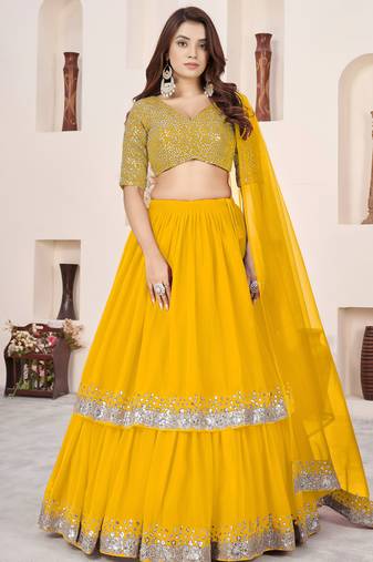 yellow georgette embroidered lehenga choli with dupatta