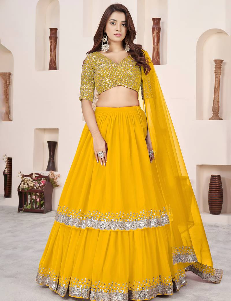 yellow georgette embroidered lehenga choli with dupatta