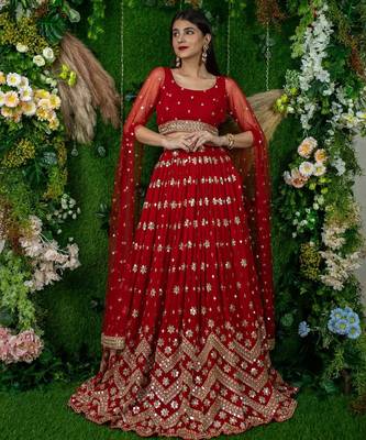 red georgette embroidered lehenga choli with dupatta 5