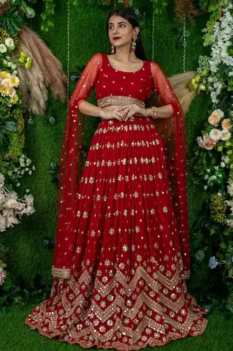red georgette embroidered lehenga choli with dupatta