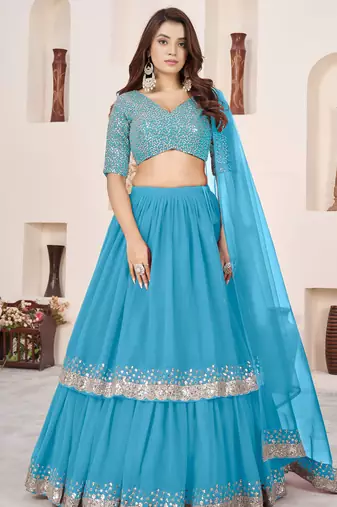 sky blue georgette embroidered lehenga choli with dupatta
