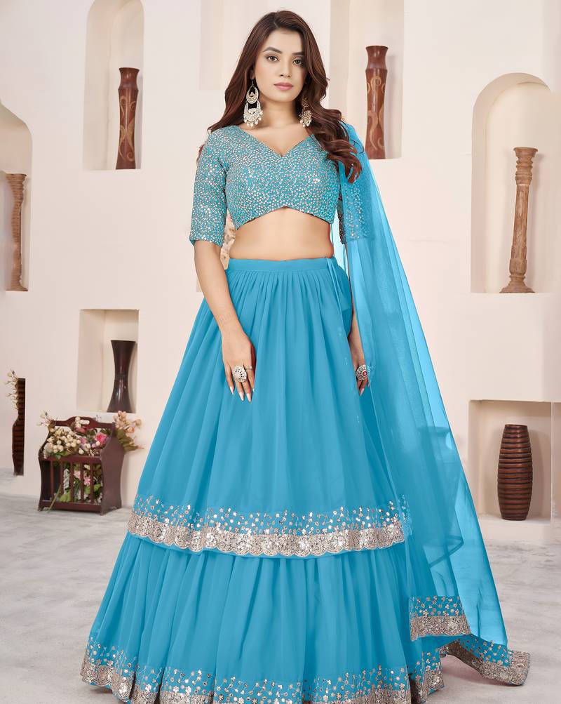 sky blue georgette embroidered lehenga choli with dupatta