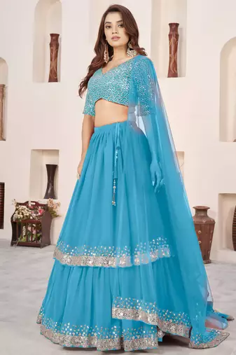 sky blue georgette embroidered lehenga choli with dupatta