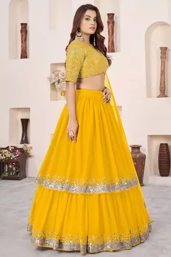 yellow georgette embroidered lehenga choli with dupatta