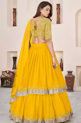 yellow georgette embroidered lehenga choli with dupatta