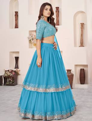 sky blue georgette embroidered lehenga choli with dupatta 3