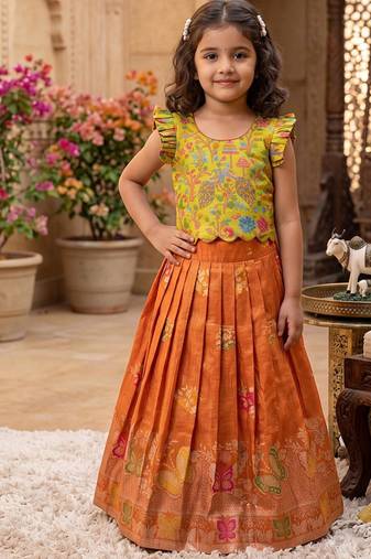 Girls orange soft tissue butterfly print lehenga choli with 3d weaving work