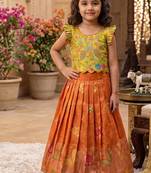 Girls orange soft tissue butterfly print lehenga choli with 3d weaving work