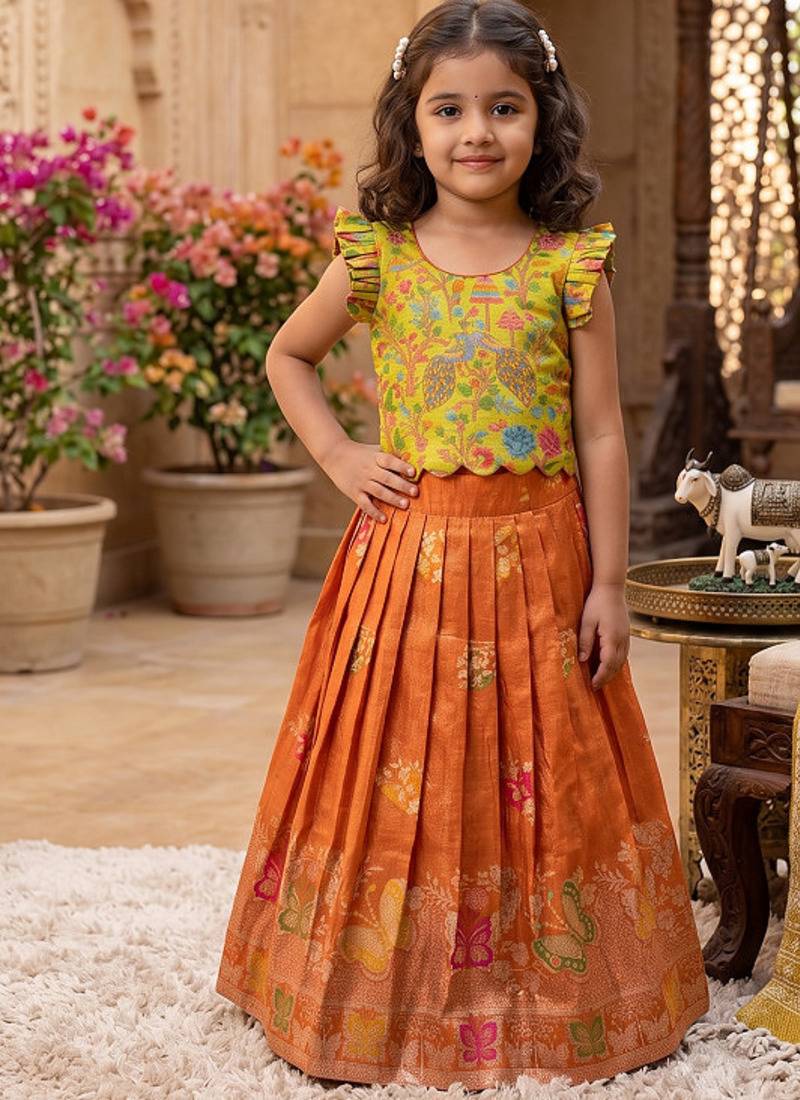 Girls orange soft tissue butterfly print lehenga choli with 3d weaving work