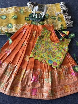 Girls orange soft tissue butterfly print lehenga choli with 3d weaving work 2