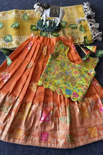Girls orange soft tissue butterfly print lehenga choli with 3d weaving work