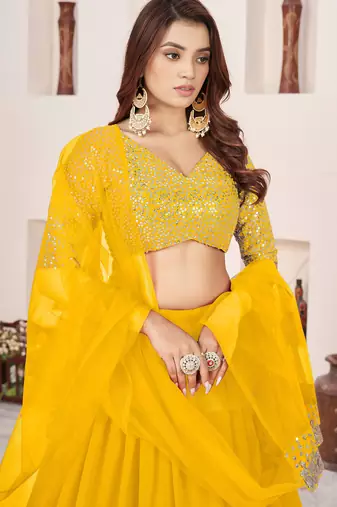 yellow georgette embroidered lehenga choli with dupatta
