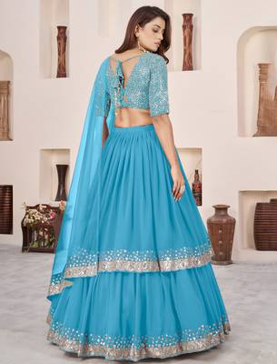 sky blue georgette embroidered lehenga choli with dupatta 4
