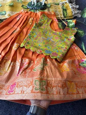 Girls orange soft tissue butterfly print lehenga choli with 3d weaving work 3