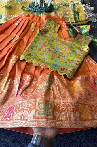 Girls orange soft tissue butterfly print lehenga choli with 3d weaving work