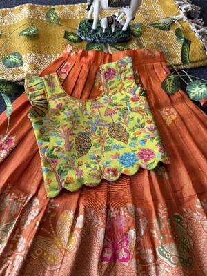 Girls orange soft tissue butterfly print lehenga choli with 3d weaving work 4