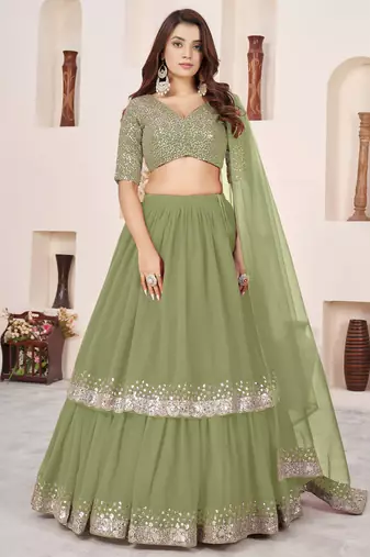 olive georgette embroidered lehenga choli with dupatta