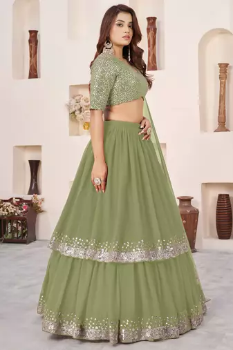olive georgette embroidered lehenga choli with dupatta