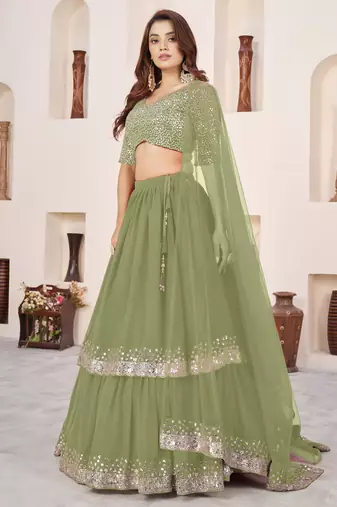 olive georgette embroidered lehenga choli with dupatta