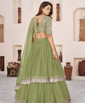 olive georgette embroidered lehenga choli with dupatta 4