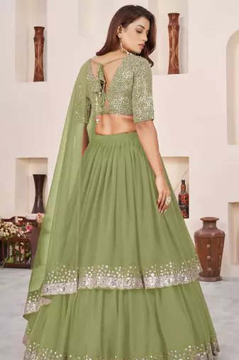 olive georgette embroidered lehenga choli with dupatta