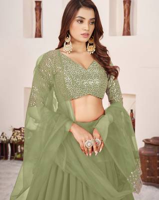 olive georgette embroidered lehenga choli with dupatta 5