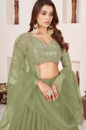 olive georgette embroidered lehenga choli with dupatta