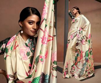 beige digital print satin saree with unstitched blouse 5