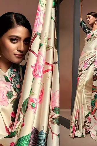 beige digital print satin saree with unstitched blouse