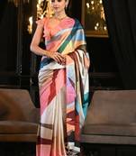 pink digital print satin saree with unstitched blouse