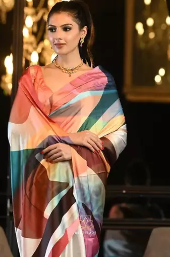 pink digital print satin saree with unstitched blouse