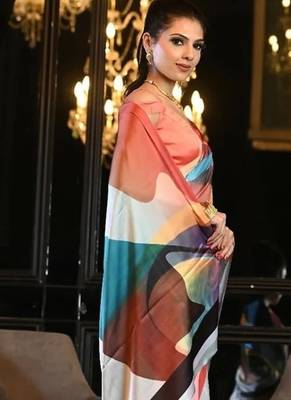 pink digital print satin saree with unstitched blouse 3