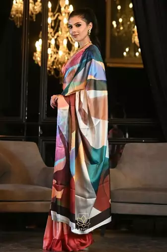 pink digital print satin saree with unstitched blouse