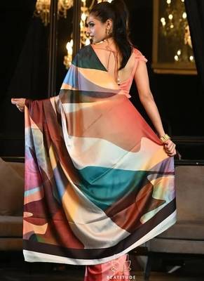 pink digital print satin saree with unstitched blouse 5