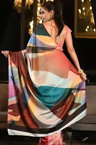 pink digital print satin saree with unstitched blouse
